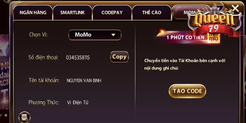 Nạp Tiền Queen79: Thao Tác Chi Tiết Dành Cho Tân Thủ 3 Nạp tiền qua ví điện tử tại Queen79 rất nhanh gọn.
