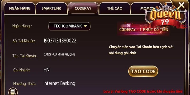 Nạp Tiền Queen79: Thao Tác Chi Tiết Dành Cho Tân Thủ 5 Hình thức nạp tiền qua Code Pay rất được ưa chuộng.