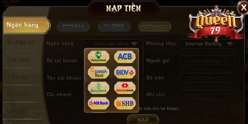 Nạp Tiền Queen79: Thao Tác Chi Tiết Dành Cho Tân Thủ 2 Người chơi có thể nạp tiền vào cổng game Queen79 qua đa ngân hàng.